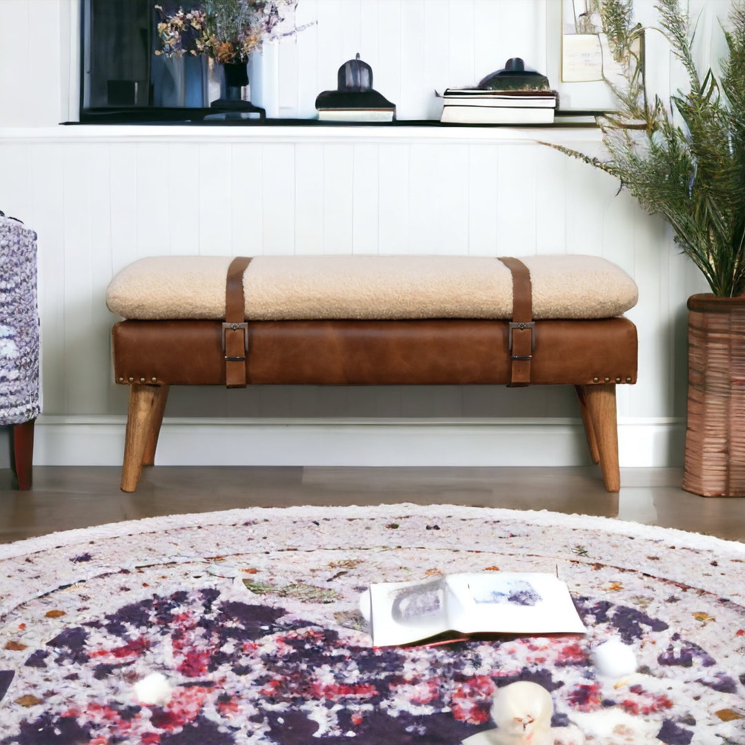 Bouclé Buffalo Hide Leather Bench