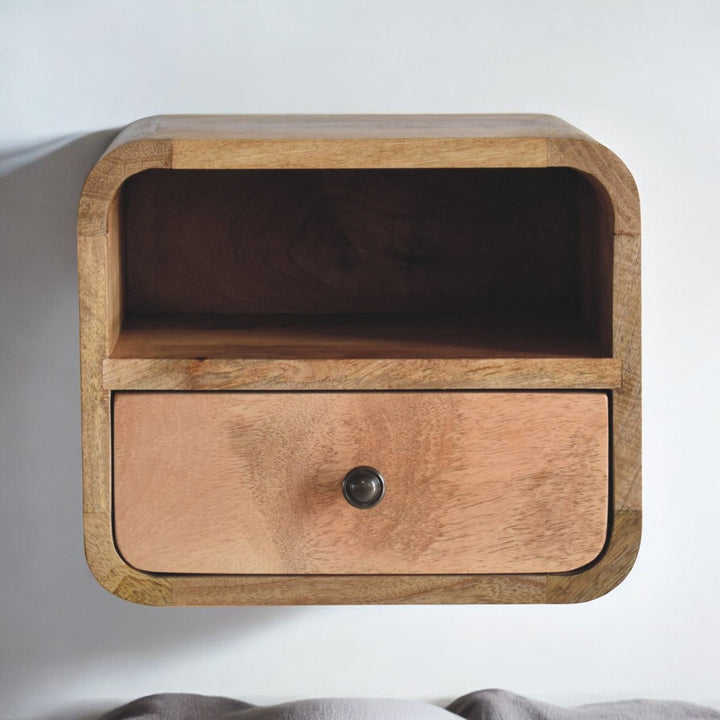 Extra Mini Wall Mounted Curved Oakish Bedside with Open Slot